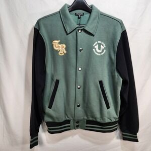 True Religion Mens Collared Patch Fleece Varsity Jacket Size Large Green NWT
